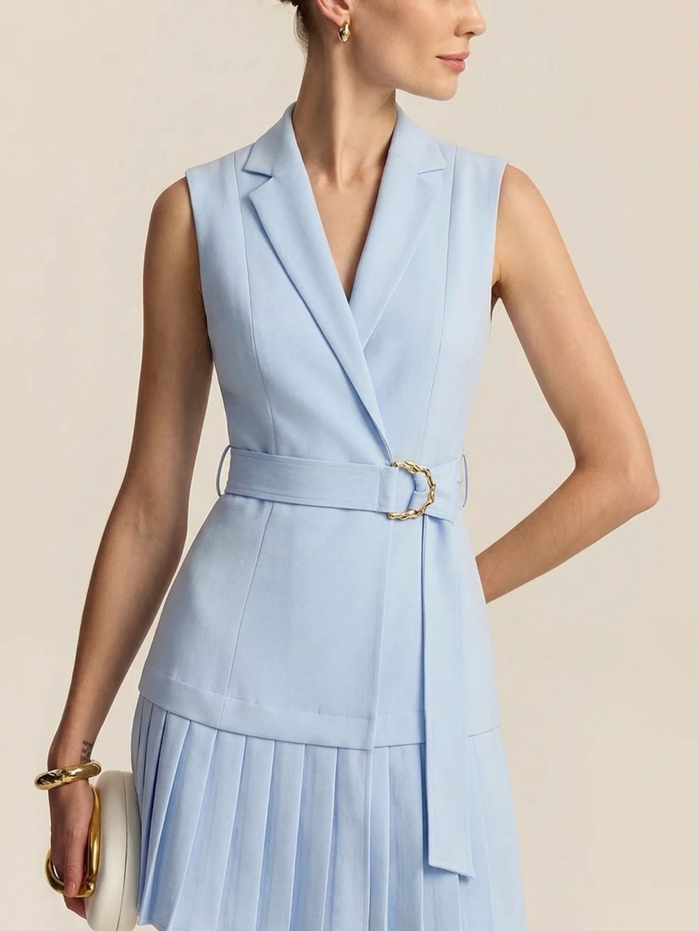 Commense Sleeveless Belted Pleated Blazer Mini Dress - Blue - XL